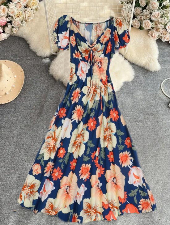 Floral V -Neck Short Sleeved Summer Dress